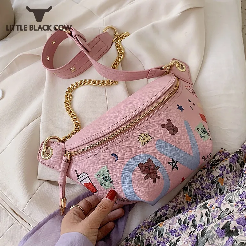 

Fashion Leisure Pu Leather Chest Bag Women Cartoon Printing Kawaii Chain Zipper Pillow Crossbody Bags Designer Female Handbag
