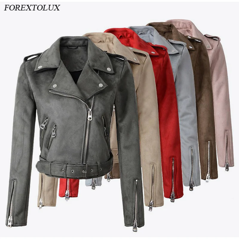 

Forextolux 2021 Spring Fashion Women's Faux Suede Short Jacket Multy Zipper Motorcycle Coat Womens Biker Jackets Dropshipping