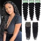 Aircabin Бразильские глубокие волнистые человеческие волосы 3 пучка с 4x4 синтетическое закрытие шнурка не Реми глубокие пучки волнистых волос с закрытием Tissage