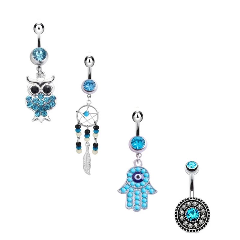 

573C 4Pcs Belly Button Rings Surgical Stainless Steel Round Dreamcatcher Navel Barbell Night Owls Diamond Stud Body Piercing