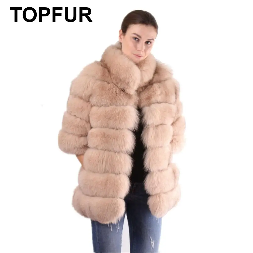 Женское зимнее короткое пальто TOPFUR розовое из натурального меха лисы с коротким