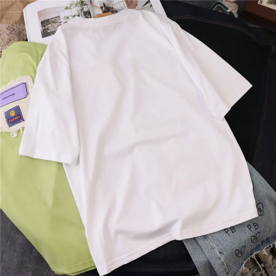 

2021 Summer Korean Style Letter Smiley Face Ladies Tops Fake Pocket Short Sleeve Loose T-shirt Round Neck Pullover Women Tees