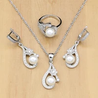 freshwater pearl with cz jewelry sets 925 sterling silver jewelry wedding decoration for women earringpendantringnecklace set