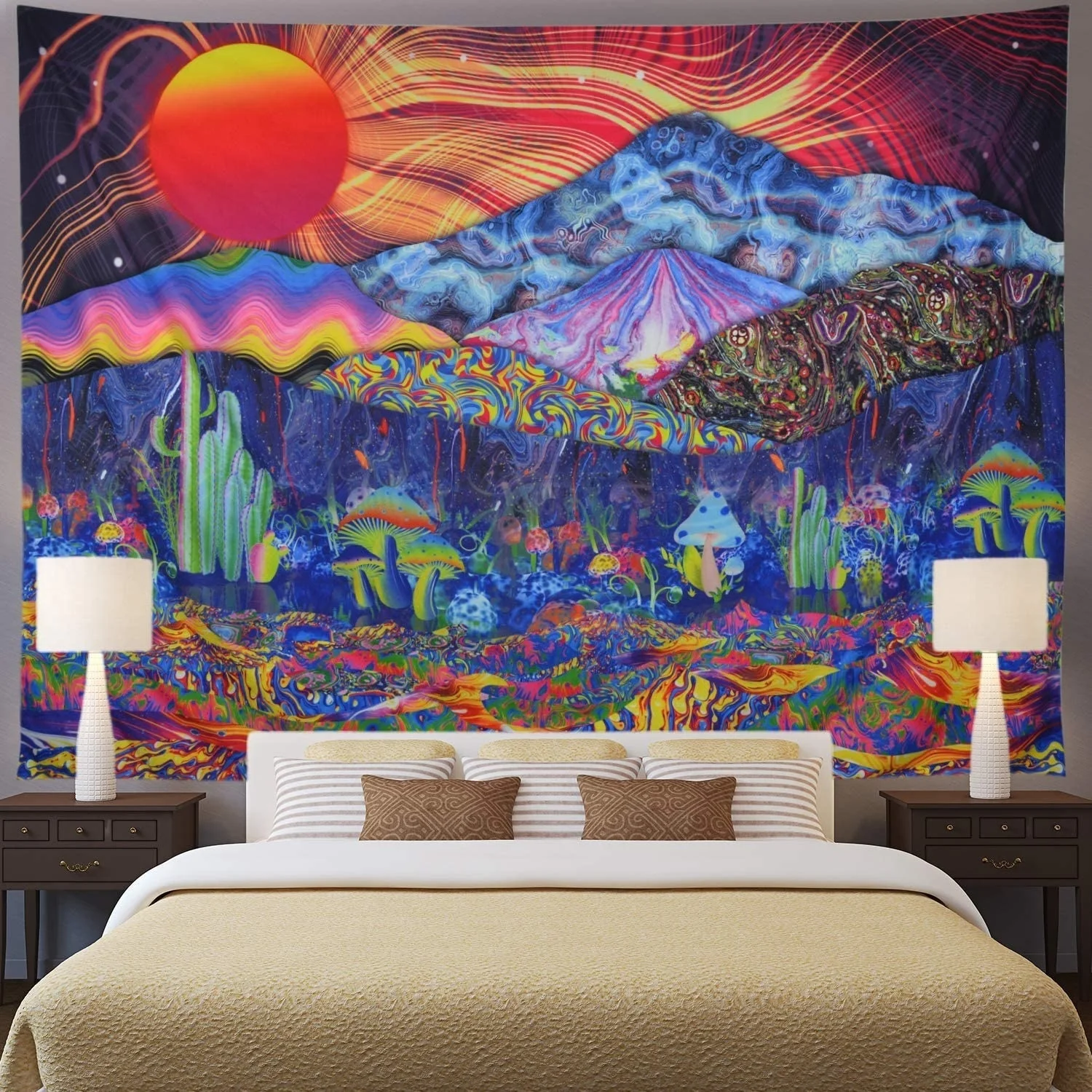

Trippy Tapestry Mountain Tapestry Psychedelic Sun Tapestry Colorful Mushroom Tapestry Hippie Waves Abstract Wall Tapestry for