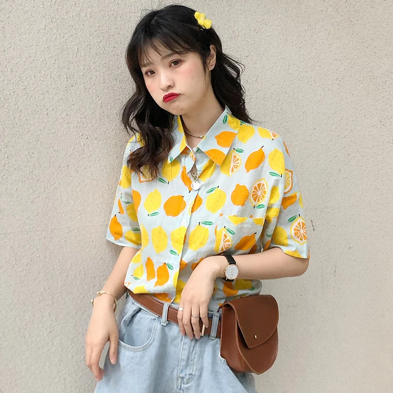 2019 женские летние рубашки Kawaii милые Ретро повседневные свободные с фруктовым