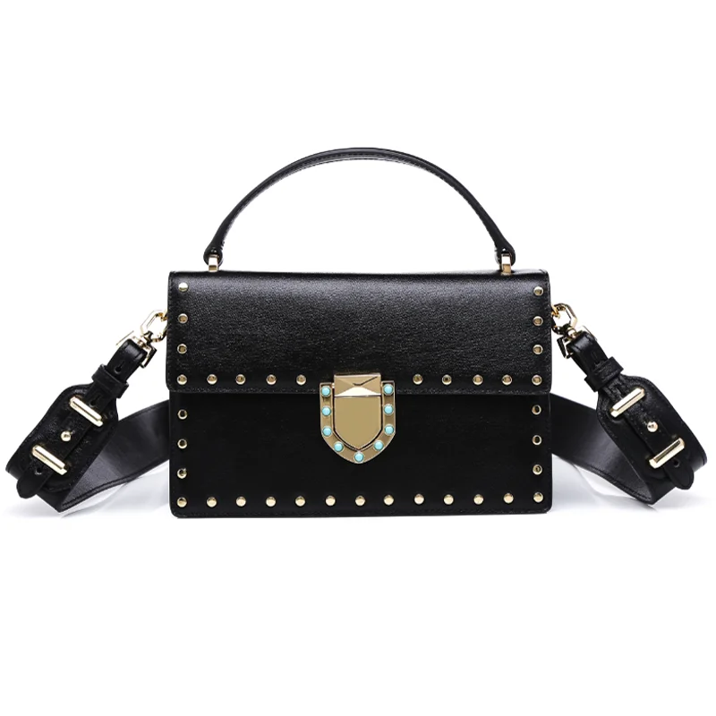 

GDXZOOM 2019 New Flap Individual Fashion Rivet Lady Shoulder Bag Durable Genuine Leather Women Wide Straps Handbags Inner Zi