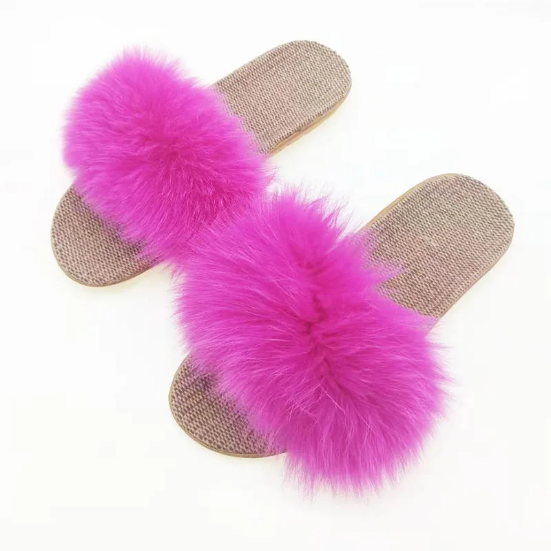 Тапки женские домашние из лисьего меха меховые сланцы пушистые тапочки плоская