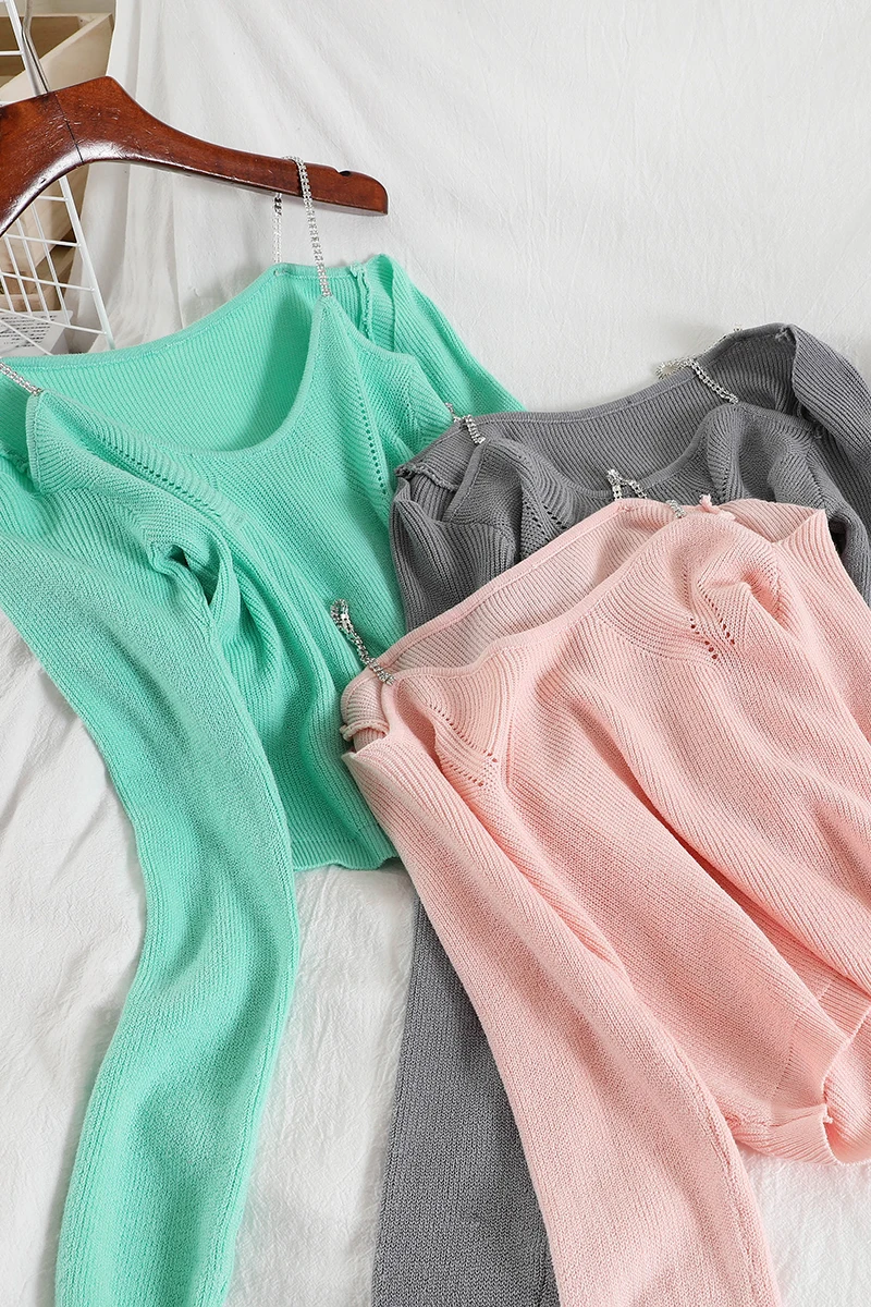 

Scheming Strapless Sling Neck Sling Top Loose Short Knit Sweater 2021 Spring and Autumn Western Goddess Clothes