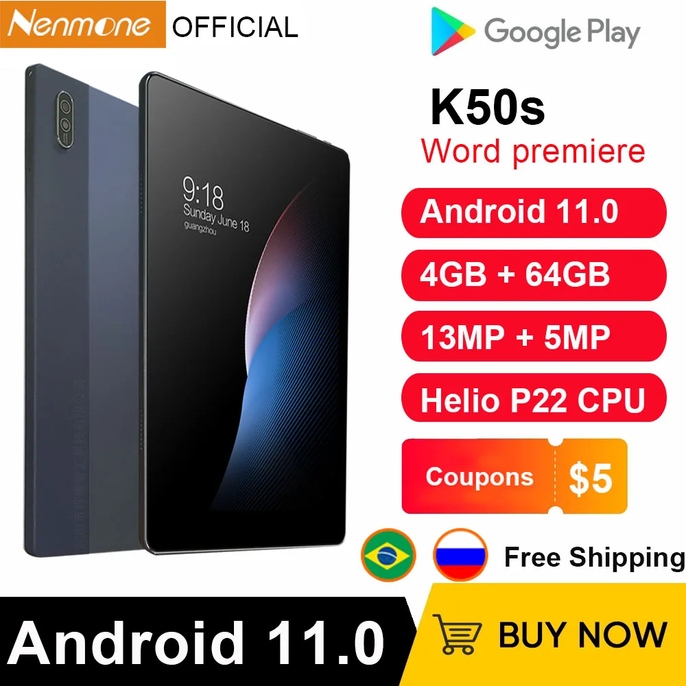 

[Глобальная версия] nenmon K50s глобальная версия Helio P22 10,1 ''Android 11 планшет 4G сеть 4 Гб ОЗУ 64 Гб ПЗУ 13 МП + 5 Мп GPS