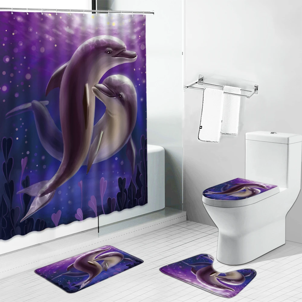 

3D Ocean Animal Dolphin Shower Curtain Set Tropical Fish Sea Turtle Bathroom Curtains Anti-skid Rugs Toilet Lid Cover Bath Mat