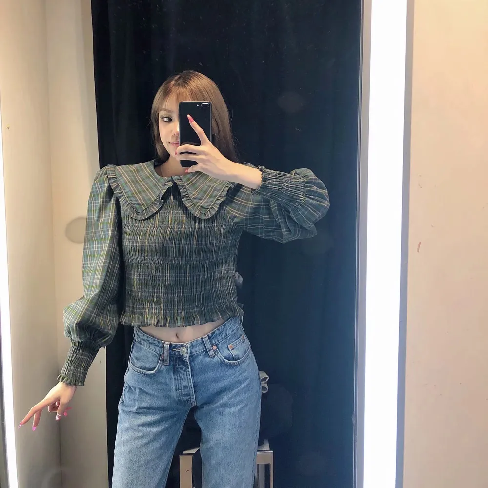 

2020 Women Korean Fashion Peter Pan Collar Slim Crop Blouses Chic Ladies Long Puff Sleeve Elastic Pleated Ruffles Shirt Tops