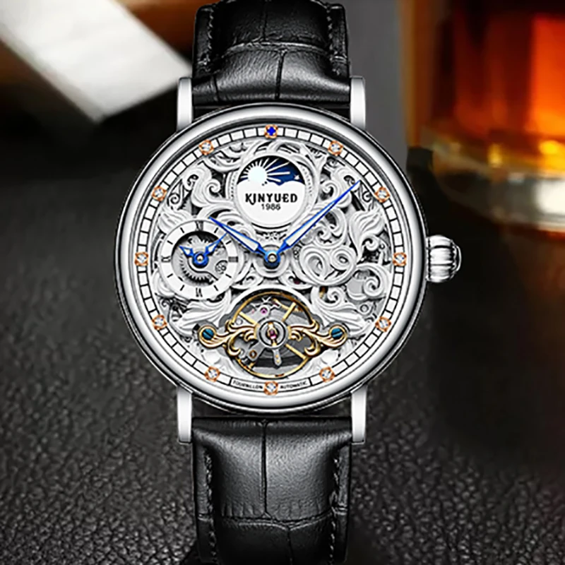 

KINYUED Tourbillon Watch for Men Moon Phase Skeleton Watches Mens Top Brand Luxury Mechanical Automatic Watch Sports Transparent