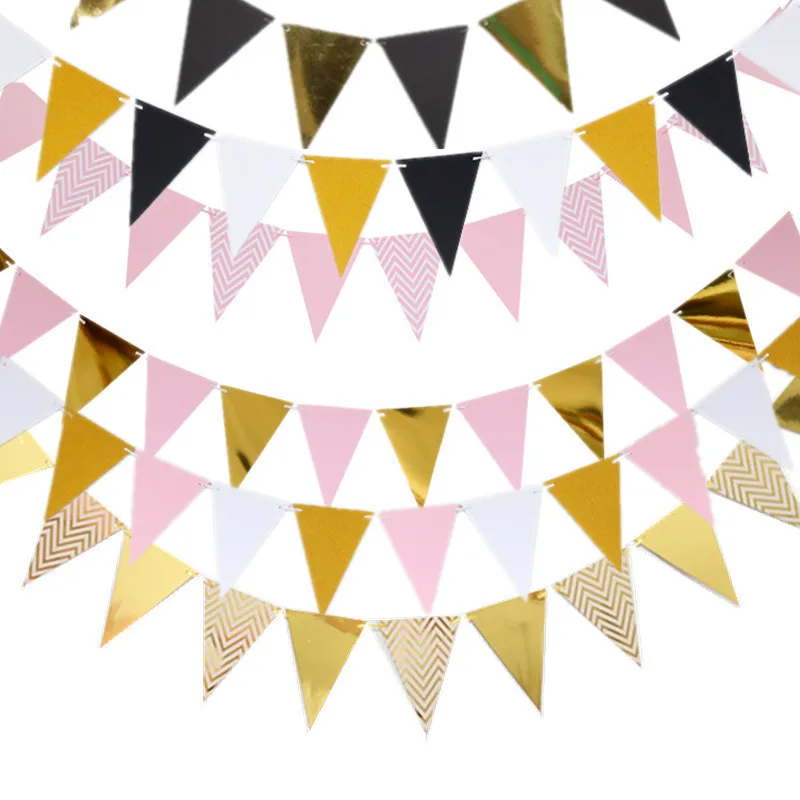 

12 Flag Gold Silver Black Banner Garland DIY Glitter Bunting Paper Birthday Banner for Home Event Party Wedding Party Decoration