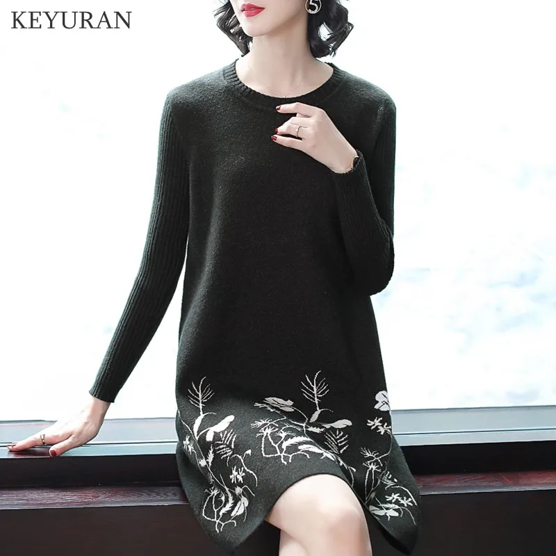 Цветочный жаккардовый свитер платье 2019 женская мода Осень-зима ВЯЗАННЫЙ ПУЛОВЕР