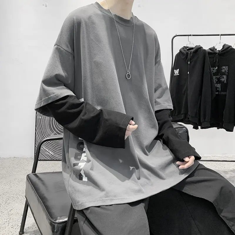 

2022 autumn new fake two-piece T-shirt unisex Korean hip-hop versatile preppy trendy casual long-sleeved shirt letter streetwear