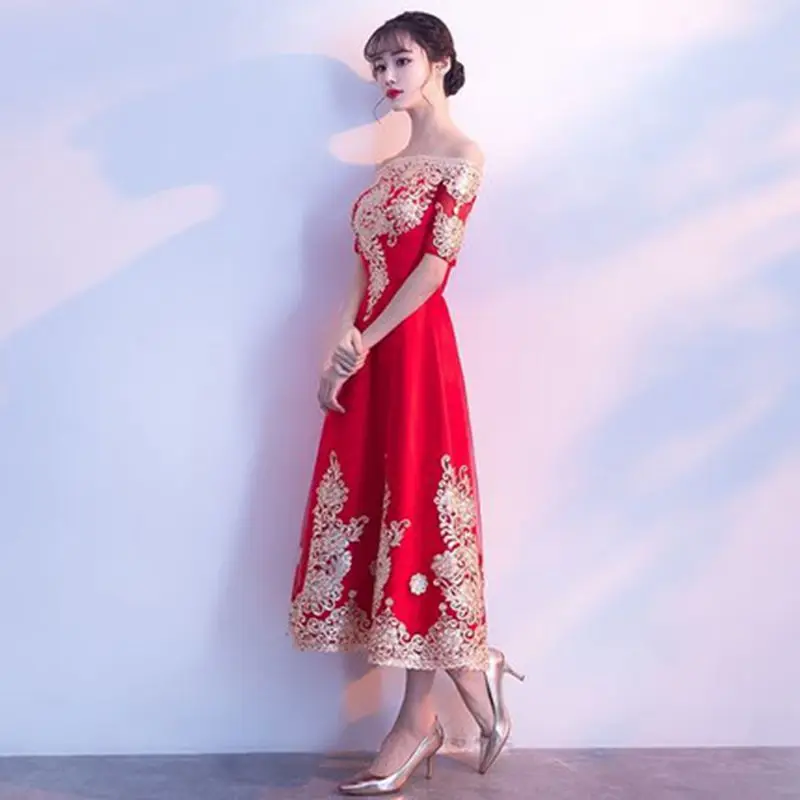 

Women Slim A-Line Cheongsam Improved Red Classic Toast Clothing Off Shoulder Qipao Chinese Style Lace Dress chinese dress qipao