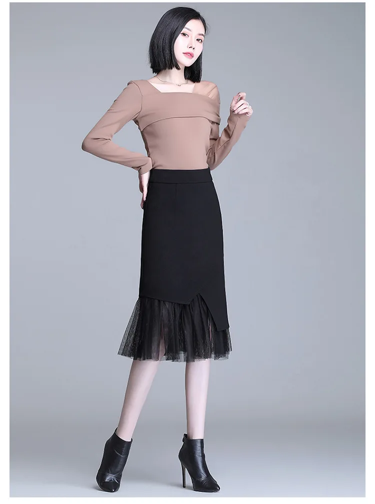 

Women Fashion Splice Mesh Slim Casual Black Bodycon Knee-length Skirt Spring Summer Elegant Plus Size Work Pencil Skirts 2022
