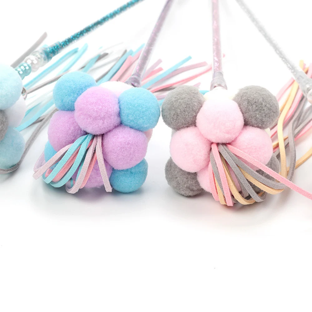 

Kitten Cat Teaser Pompom Tassels Interactive Stick Toy Chaser Wand