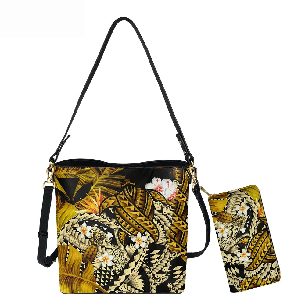 

Kanaka Maoli Hawaiian Pineapple Banana Leaves Print Women Bucket Bag Fashion Female Luxury PU Leather Shoulder Sac Clutch Purse