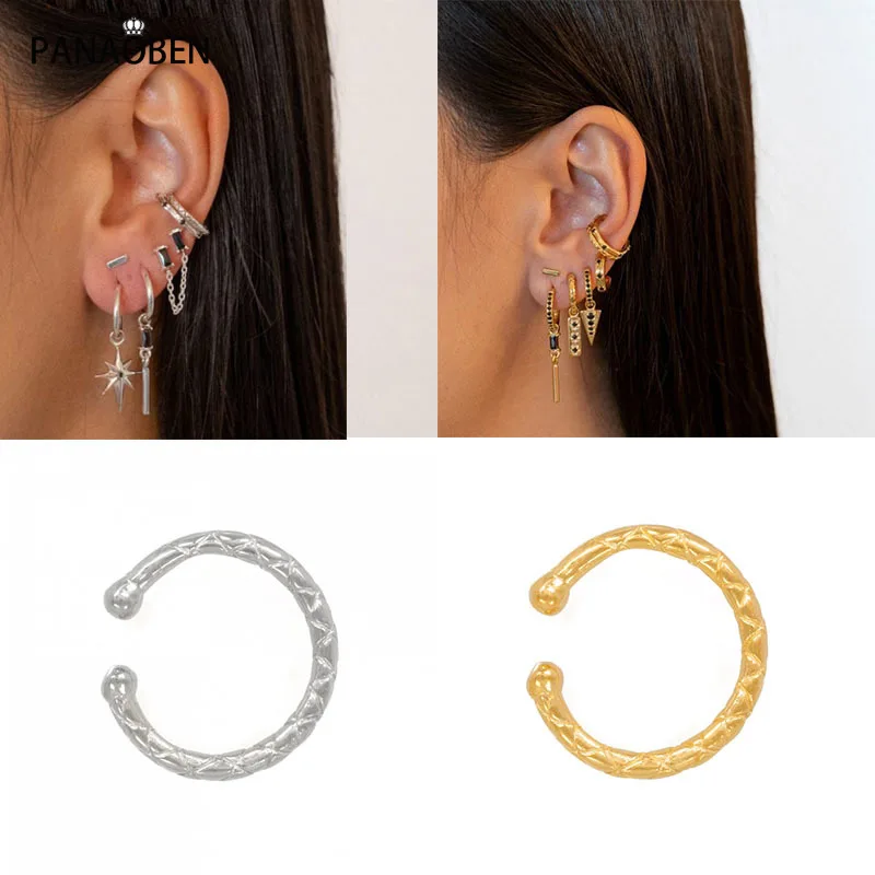 

PANAOBEN 925 Sterling Silver Simple No Piercing Zircon Glossy Line Stripe Ear Cuffs for Women Wedding Jewelry Clip on Earrings
