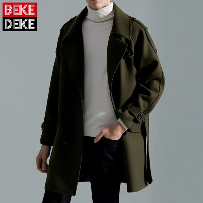 

England Style Mens Woolen Blends Coat Double Breasted Long Sleeve Loose Outerwear Business Casual Office Man Suit Jacket S-XL