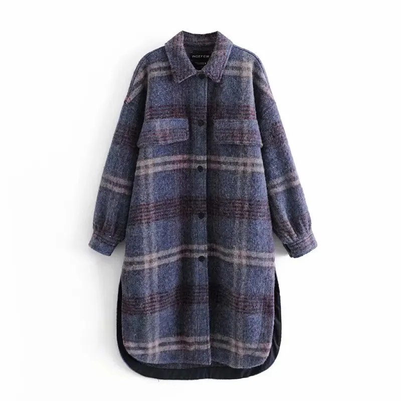 

2021 Winter Wool Shirt Coat Women Plaid Long Lantern Sleeve Women's Windbreaker With Pocket In Long Fashion Coat