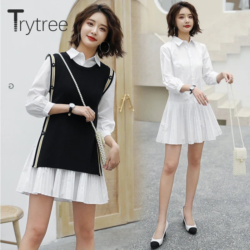 Trytree 2019 Autumn Women two piece set Casual Solid Knitted Tank Top + Dress Turn-down Collar Mini Office Lady Set 2 Piece | Женская