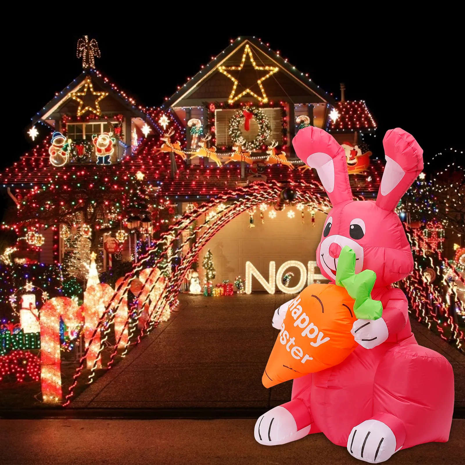 

120cm Easter Party Inflatable Bunny Hold Carrot Lighted Garden Holiday Decor Cute Bunny LED Lights Easter Air Model Toys