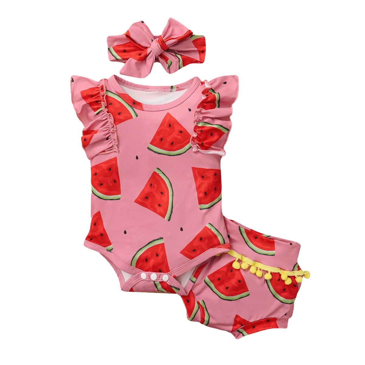 

2021 Fashionable Girl's Baby Girls Summer Outfits Sleeveless Self Tie Strap Ruffle Bodysuit with Headband Set Hot Sale