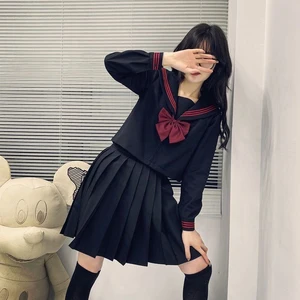Japanese School Uniform Suit Sailor JK S-2XL Basic Cartoon Girl Navy Sailor Uniform Black sets Navy 
