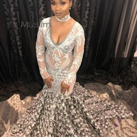 illusion african mermaid prom dresses silver 2021 long sleeve lace evening dress sexy v neck 3d florals formal prom gowns new