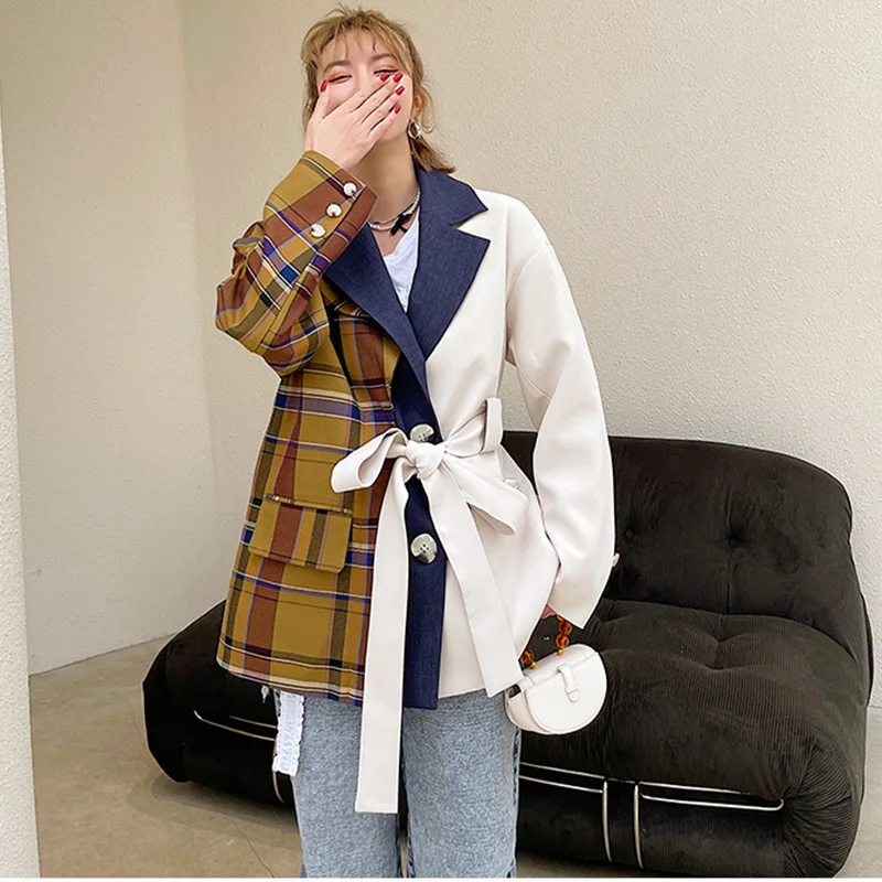 

LANMREM Women Bandage Single Breasted Big Size Plaid Blazer New Lapel Long Sleeve Jacket Fashion Tide Spring Autumn 2021 2F0184