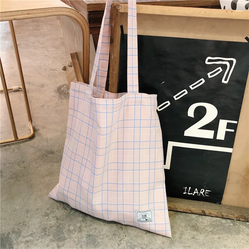 

Check striped shoulder bag personality large capacity canvas bag Korean style art student handbag female