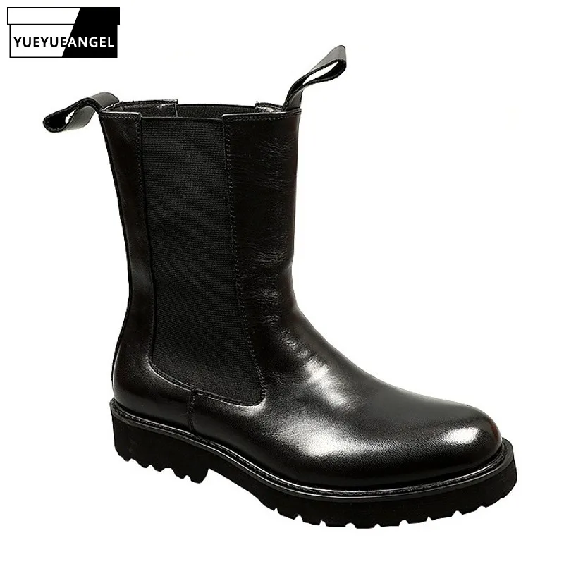baratas Botas De Couro Genuíno Do Deserto Botas Do Chelsea Dos Homens Deslizamento Em Botas Ocasionais Do Meio Da Panturrilha Do Motociclista Botas De Inverno Da Marca De Luxo