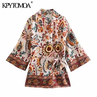 kpytomoa women 2021 fashion with belt totem print kimono blouses vintage v neck three quarter sleeve female shirts chic tops