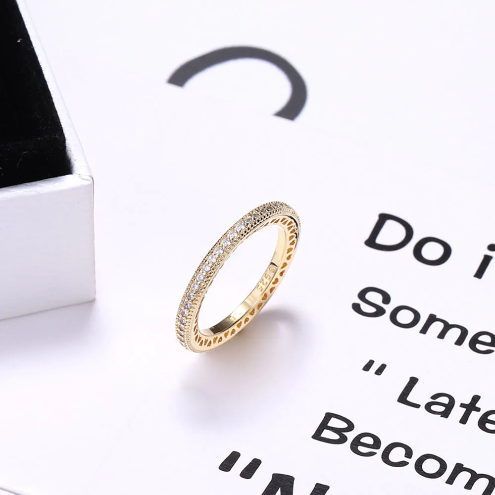 Rose/Gold/Silver Color Sterling Silver 925 Ring Hearts of Ring With Bling Zircon CZ Jewelry for Women Wedding Party Gift - Цвет основного камня: gold