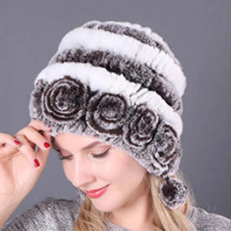 Hot Sale Winter Women Flowers Striped Natural Rabbit Fur Hats Lady Warm Knit Fur Caps Russian Outdoor Fur Hats