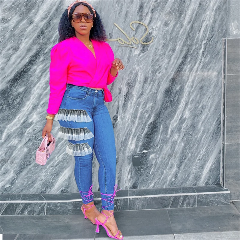 

2022 Fashion Cool Women's High Waist Slim Pencil Denim Trousers New Lace Stitching Jeans Ladies Plus Size Skinny Stretch Pants