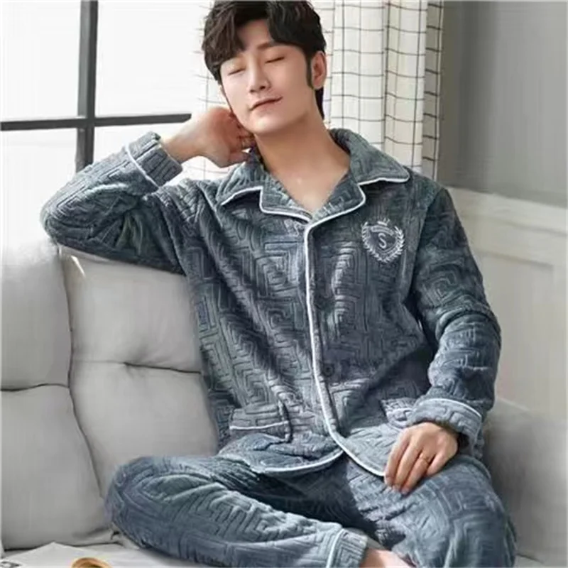 Coral Fleece Pajama Sets Men Thick Warm Flannel Winter Pyjamas Sets Long Sleeve Nightwear Casual Loose Sleepwear