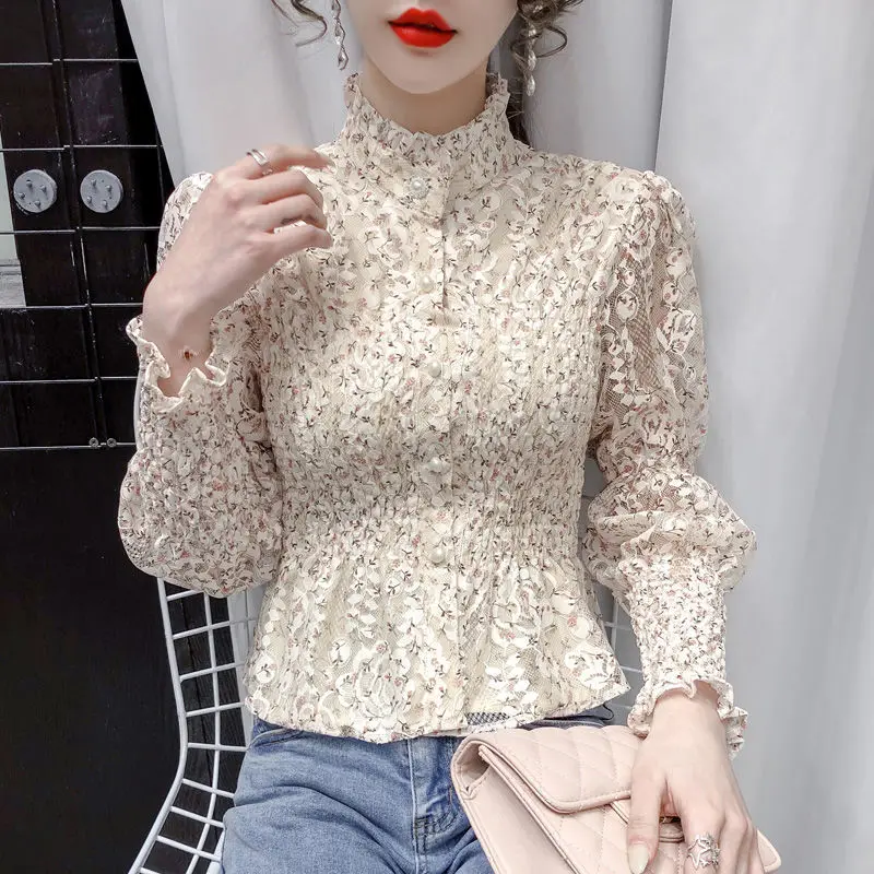 

Французская кружевная рубашка с цветочным рисунком, Новинка весна-лето 2021, универсальный сетчатый Повседневный Топ в западном стиле с воро...