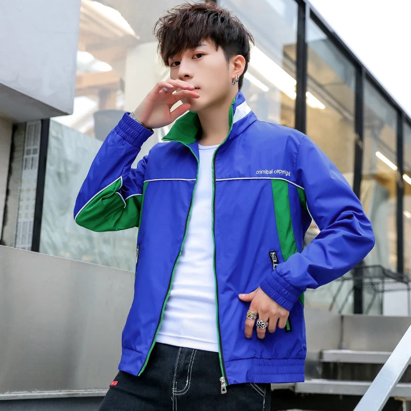 Promotion Sale Men's Spring Jacket PatchWork With Green Panel Contrast Color Windbreaker Zipper Closure Youth Coat M-4XL 235 | Мужская