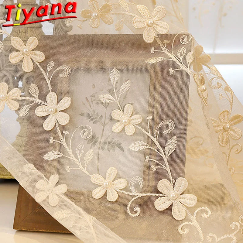 

Luxury Beige Beading Embossed Curtain Tulle for Living Room Pearl Embroidery Pearl Embroidery Curtain Yarn for Bedroom WP362#30