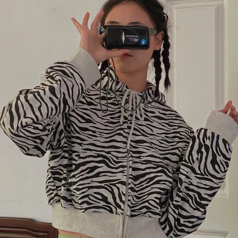 

Oversized Casual Hoodie Korean Style Vintage Zebra Print Sweatshirt Puff Sleeve Zip Up Hoodie Women Crop Top Clothing 2021 Lady