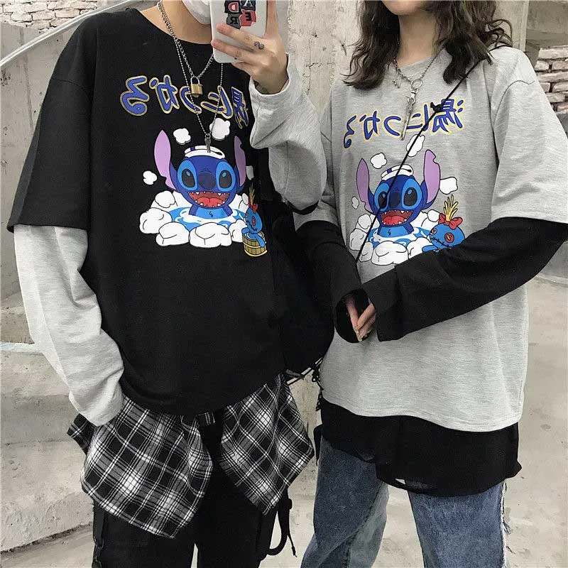 NiceMix Harajuku/футболка с принтом тыквы и буквами; Поддельные 2 штуки; Лоскутная Повседневная футболка с длинными рукавами; женская и Мужская Уличная одежда; топы