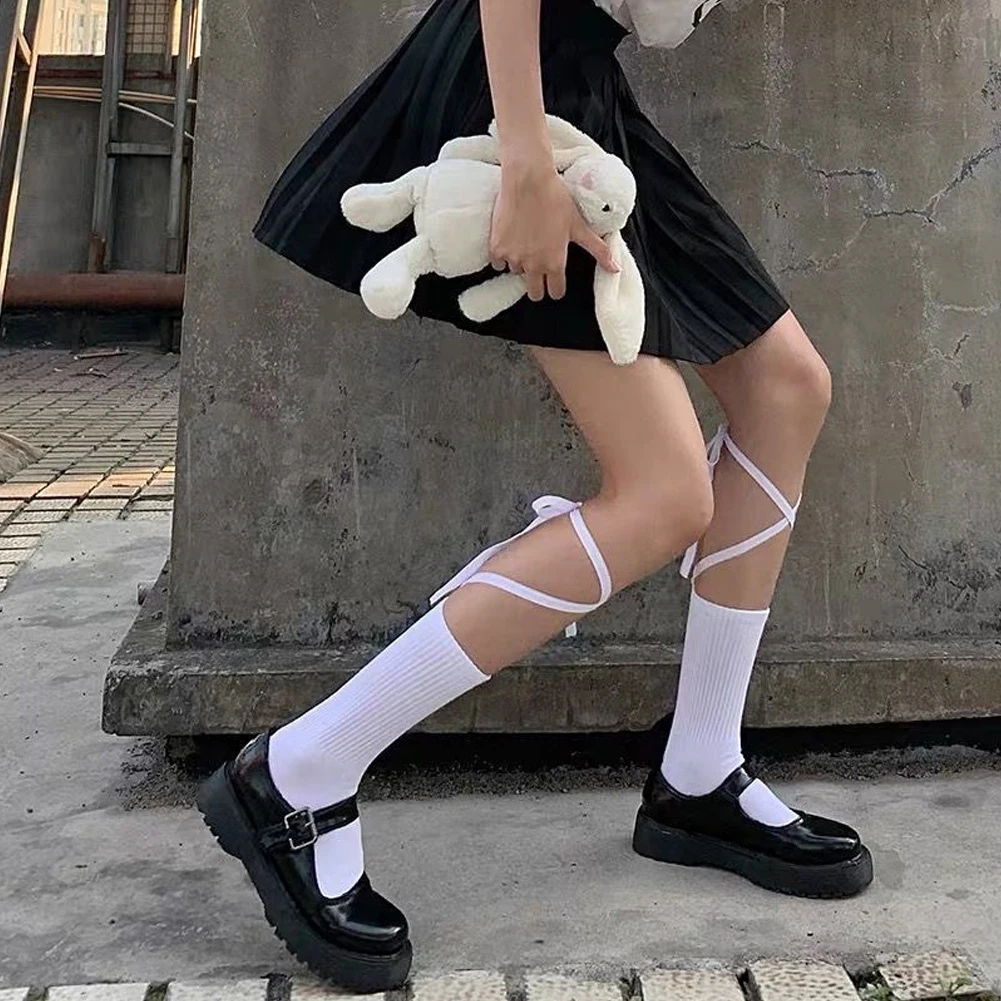 

Women's Cotton Socks With Long Rope And Cross Bow Stockings Lolita Solid Color Calf Socks Fashion Women's Bandage Socks
