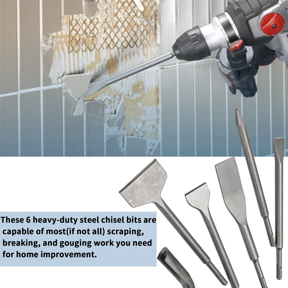 

6PCS Chisel Set Wide Flat Sharp Chisel Rotary Groove Electric Hammer Two-pit Two-slot Curved Chisel Impact Drill Bits Chisel Set