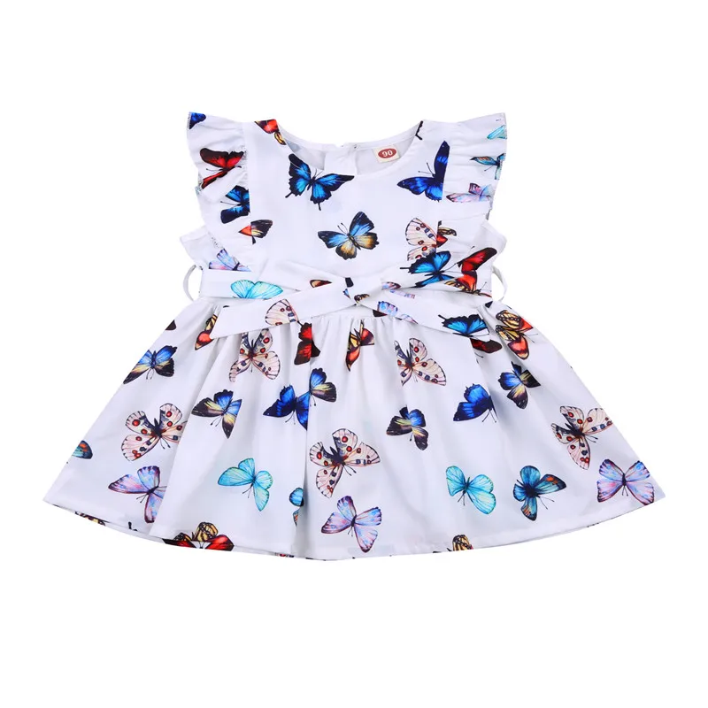 

2-7T Cute Baby Little Girls Summer Dress, Cute Sleeveless Round Neck Butterfly Print Belted Ruffle Dress