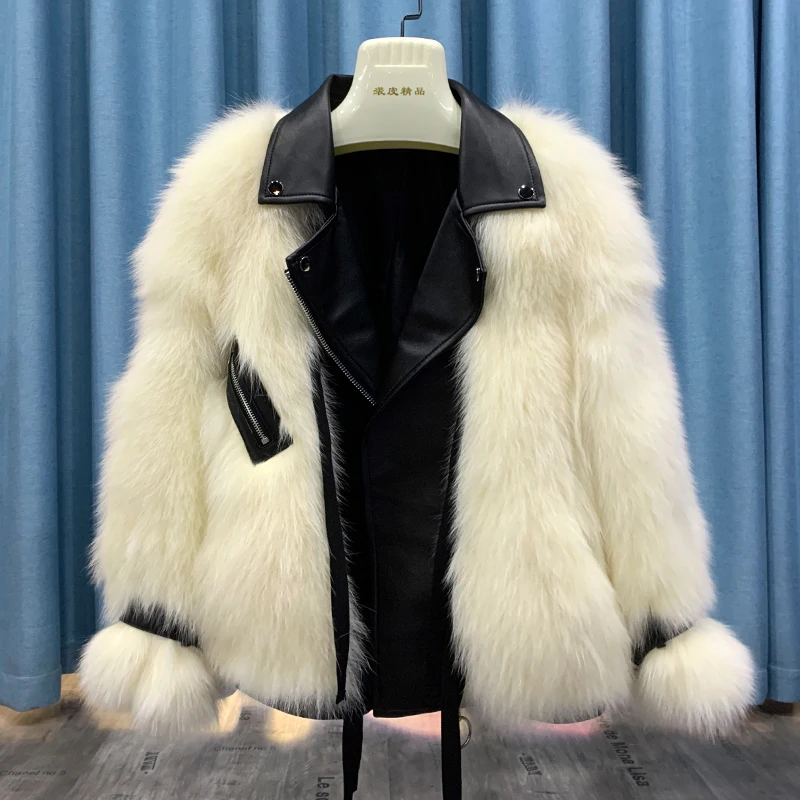 RosEvans Imported Real Fox Fur Locomotive Leather Double-faced Fur Jacket Female Women 2020 Autumn Winter New Turn Down Collar