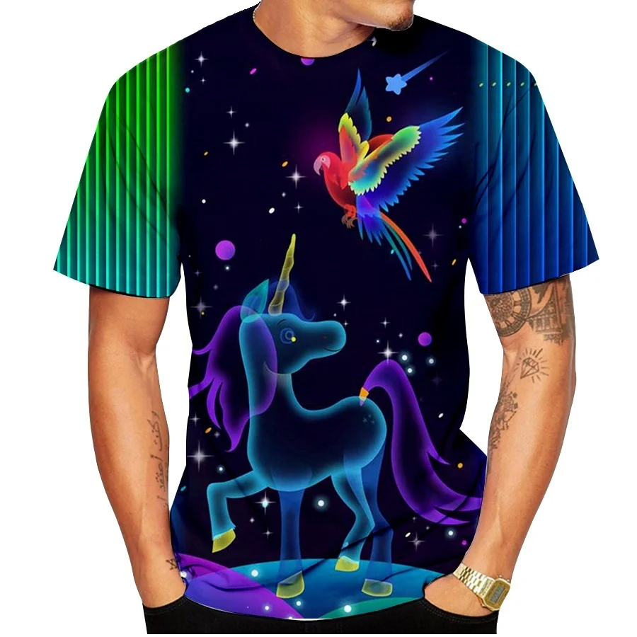 Модная футболка с 3D принтом в стиле хип хоп единорог радужной гривой Мужская Harajuku