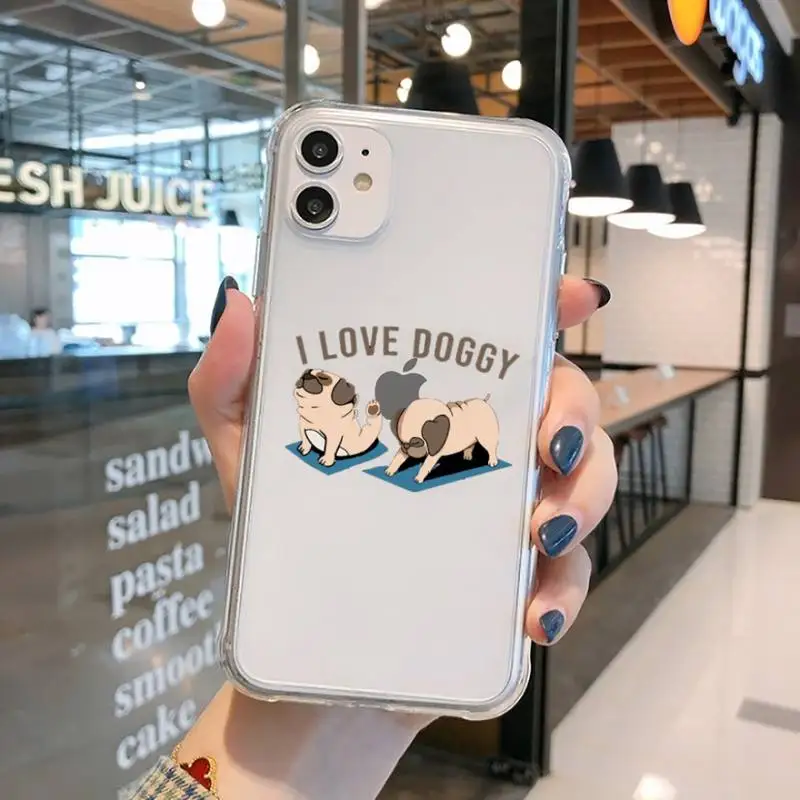 

Cute Cartoon Pug Animal Yoga Phone Case Transparent for iPhone 11 12 mini pro XS MAX 8 7 6 6S Plus X 5S SE 2020 XR